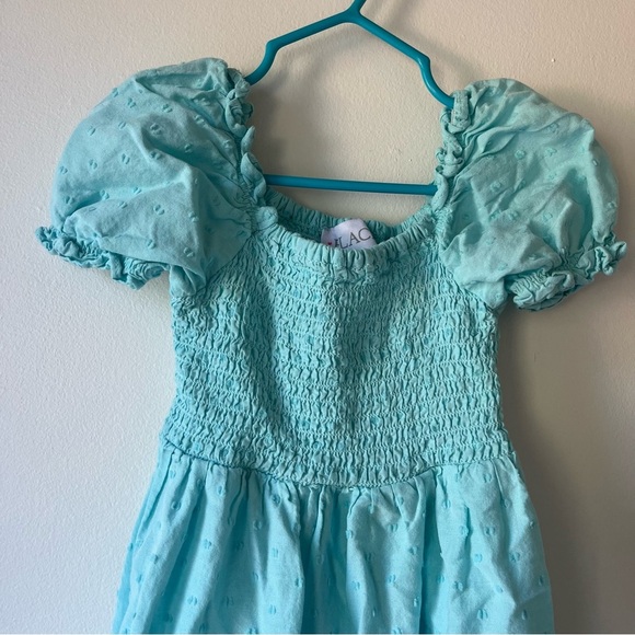 The Children’s Place Girls Puff Sleeve Smocked Dress Aqua Blue Ruffle Hem Size 4 - Picture 2 of 8